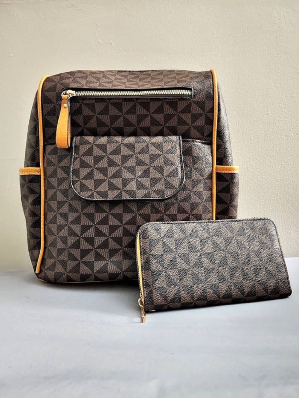 Geometric Backpack Set in Brown & Tan